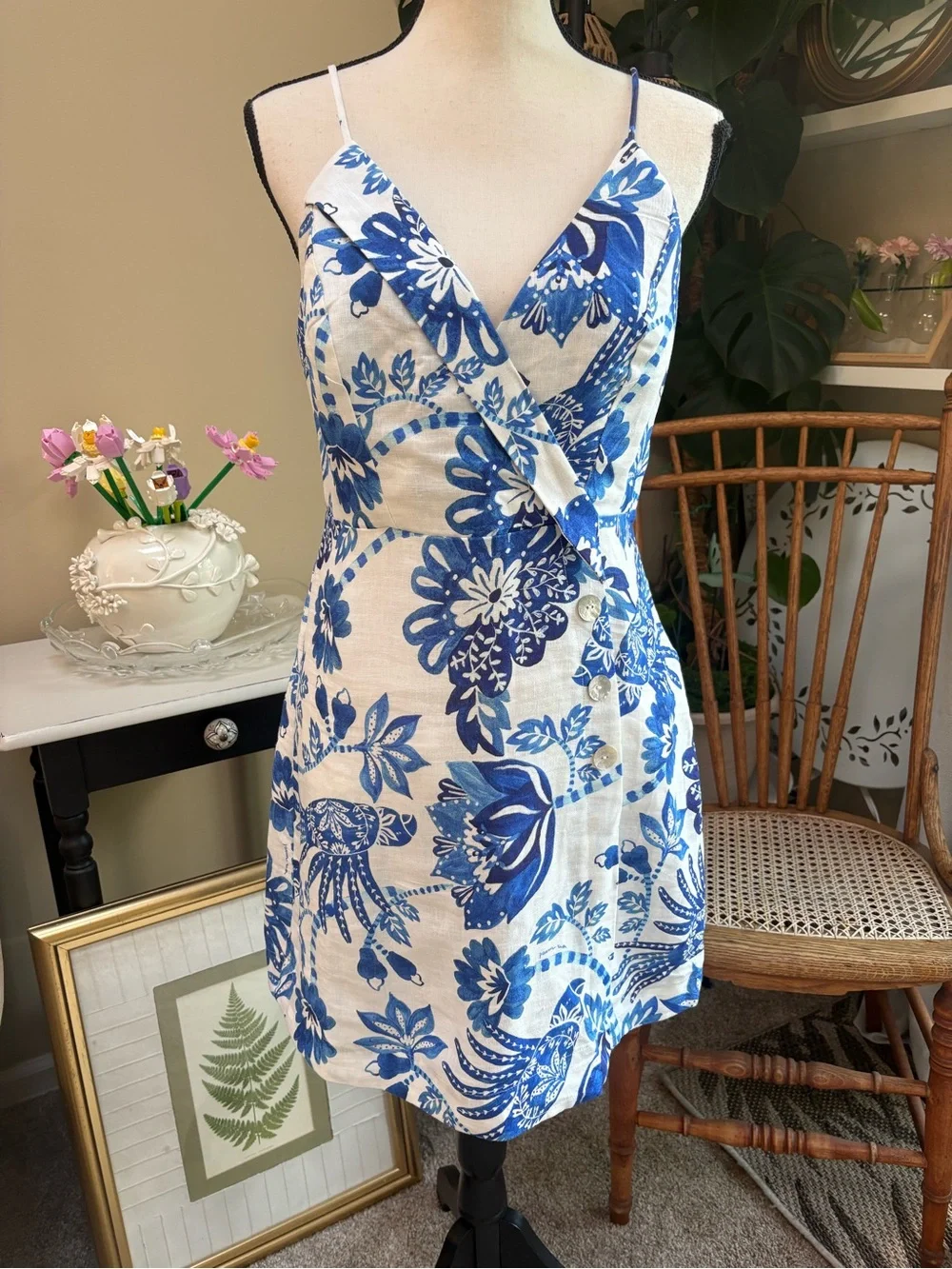 FARM Rio Blue and White Floral European Flax Linen Dress - Picture 3 of 10